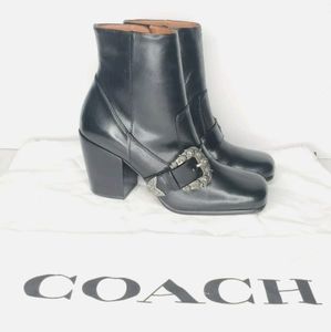 COACH Western Buckle Ankle Boot Heel Black Leather